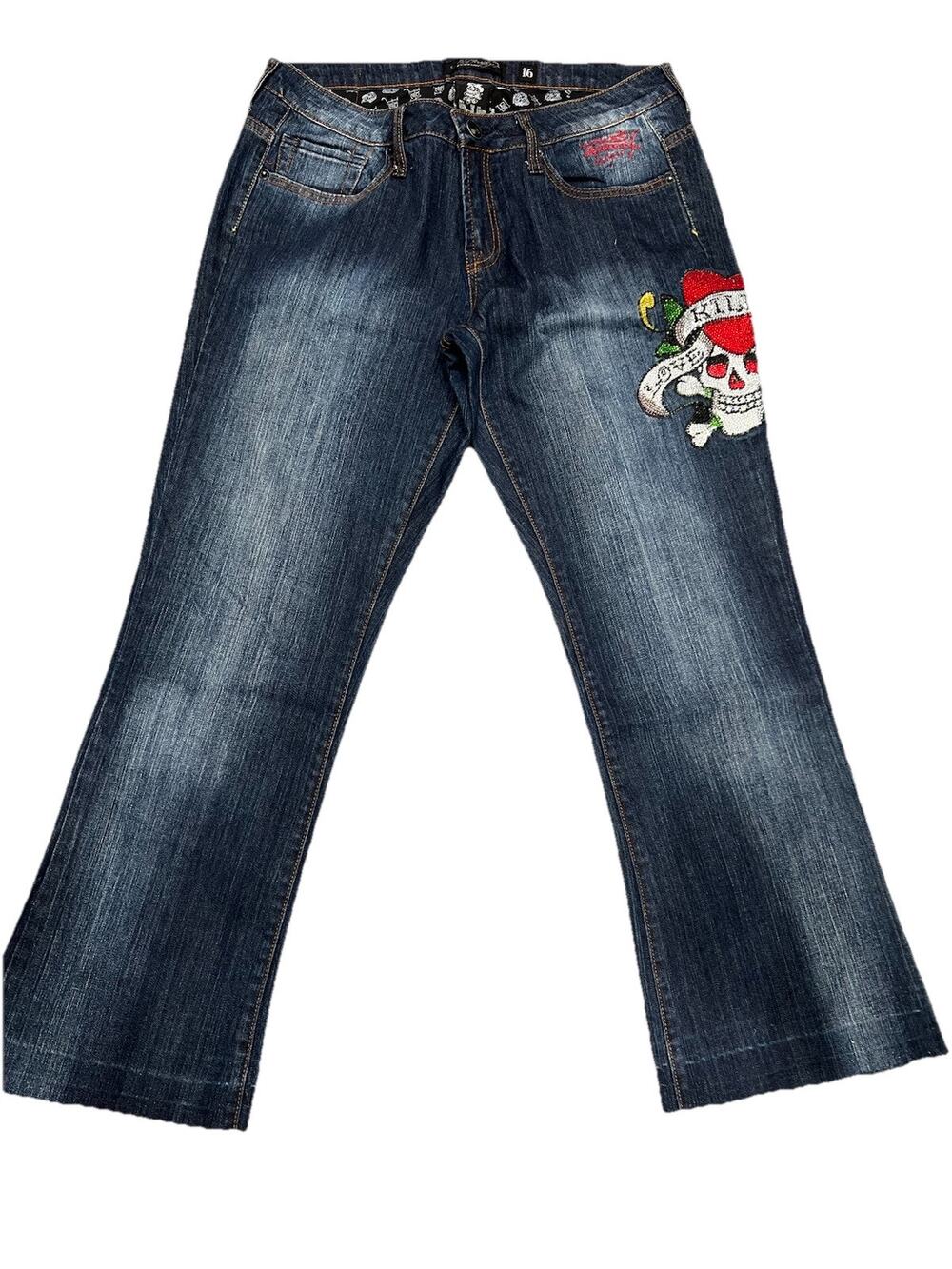 Ed Hardy Slim Flare NYC Embroidered Skull Denim Jeans Pants Women 16 Y2K A000445